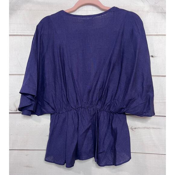 Shopthemint Navy Blue Linen Top Size SM Solid Short Sleeve EUC - Picture 2 of 6